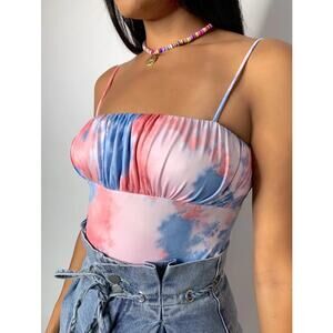NWT Peach Love Women’s Full-Coverage Tie Dye Sleeveless Bodysuit‎ Sz S Pink Blue